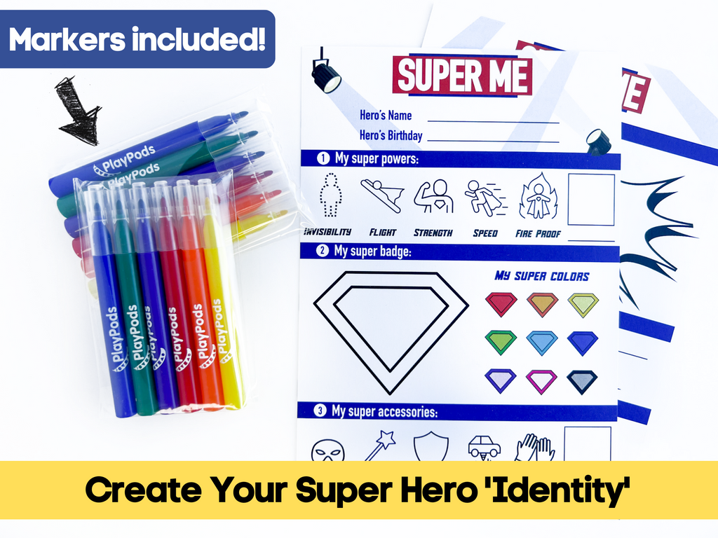 Colorful markers and activity super hero card