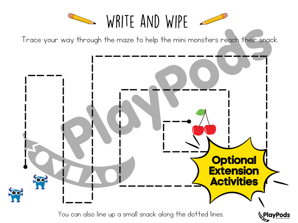 Write and wipe card with dotted lines to help mini monsters reach their snack
