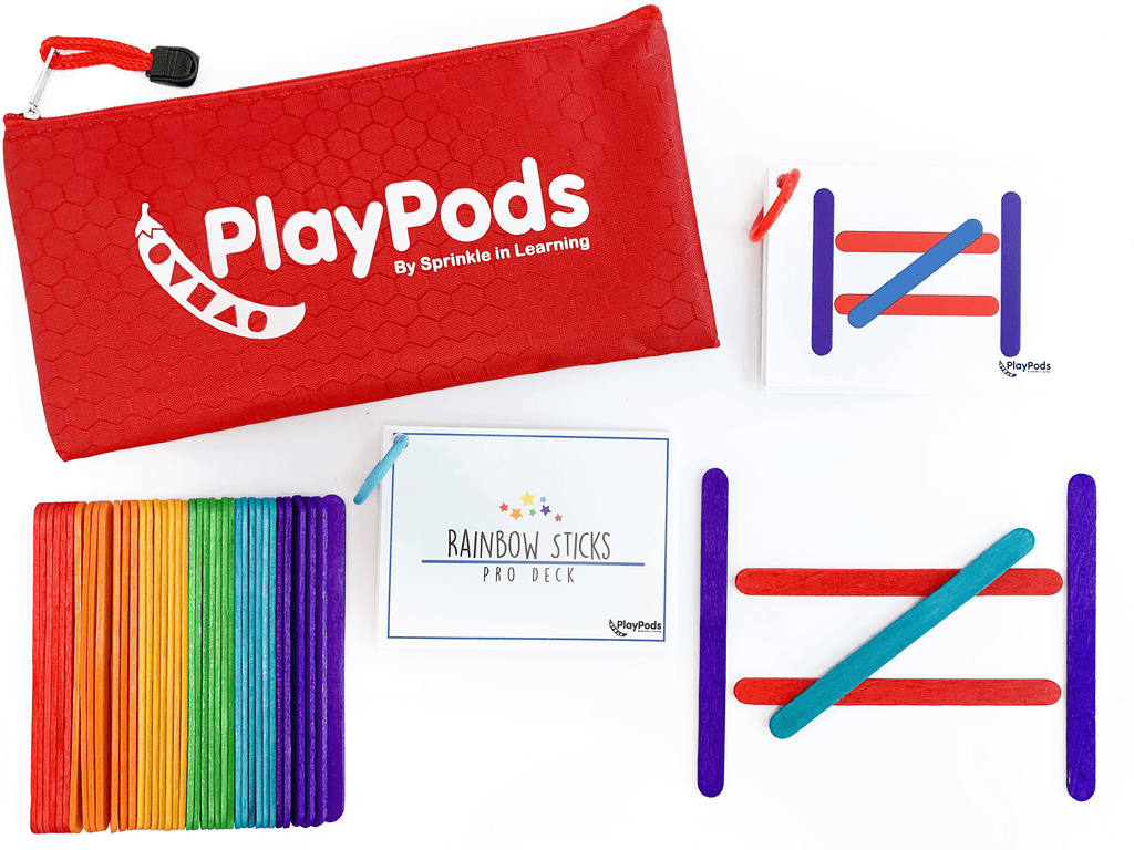 Red PlayPod pouch with colorful popsicle sticks 