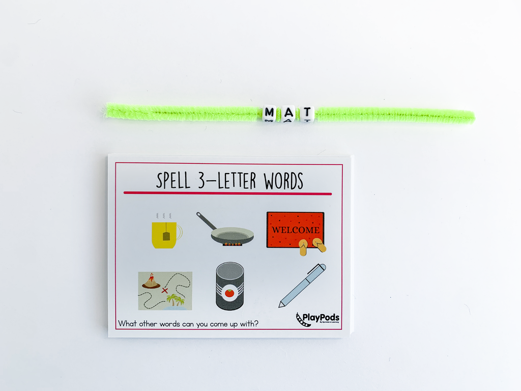 M A T beads on a neon green pipe cleaner. Spell the word activity card.