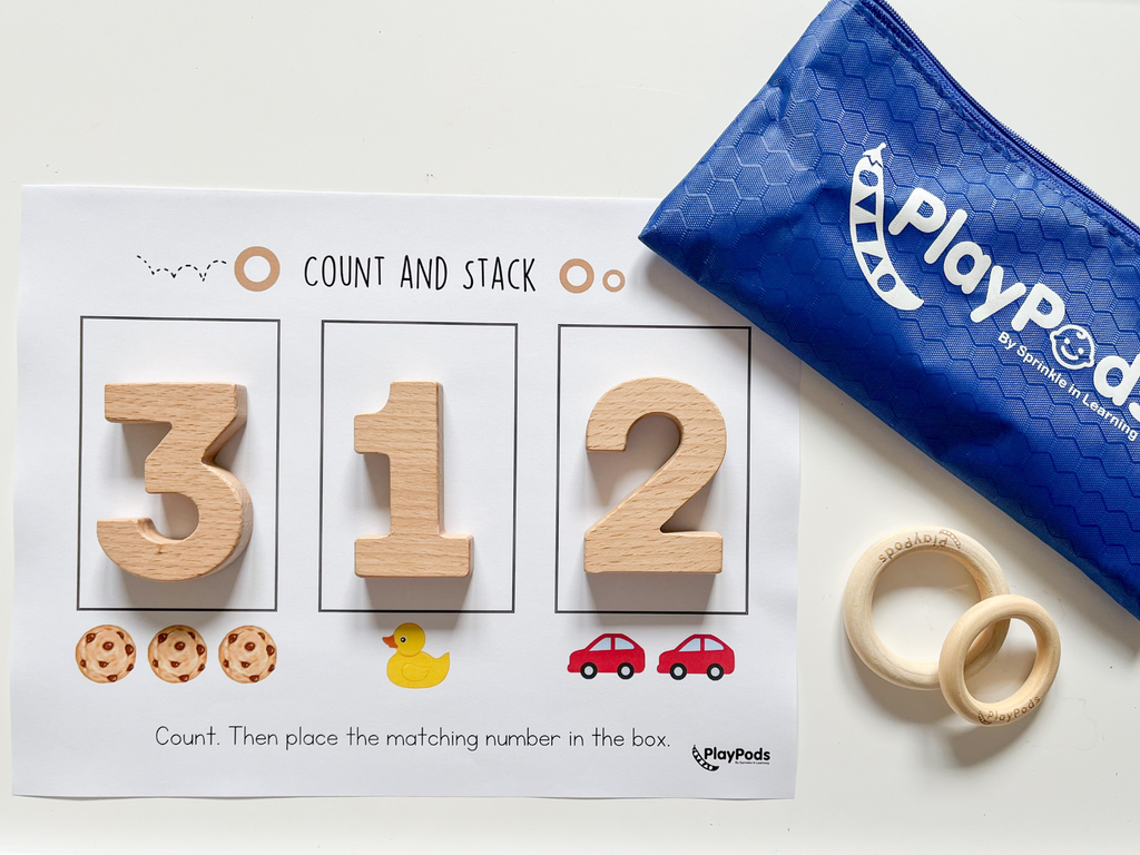 Wooden numbers in boxes above the corresponding images with blue PlayPod
