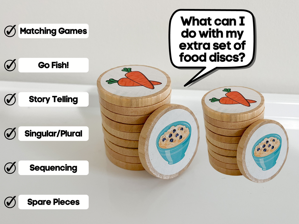 Wooden discs with food images and checklist of games to play with them