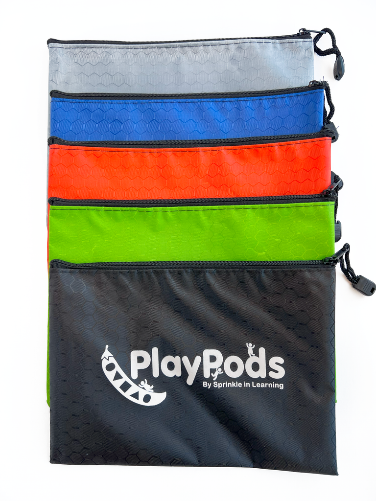 Gray, blue, orange, green, and black PlayPod pouches