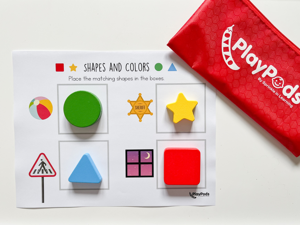 Instruction paper to match shapes to correct picture with red PlayPod on table