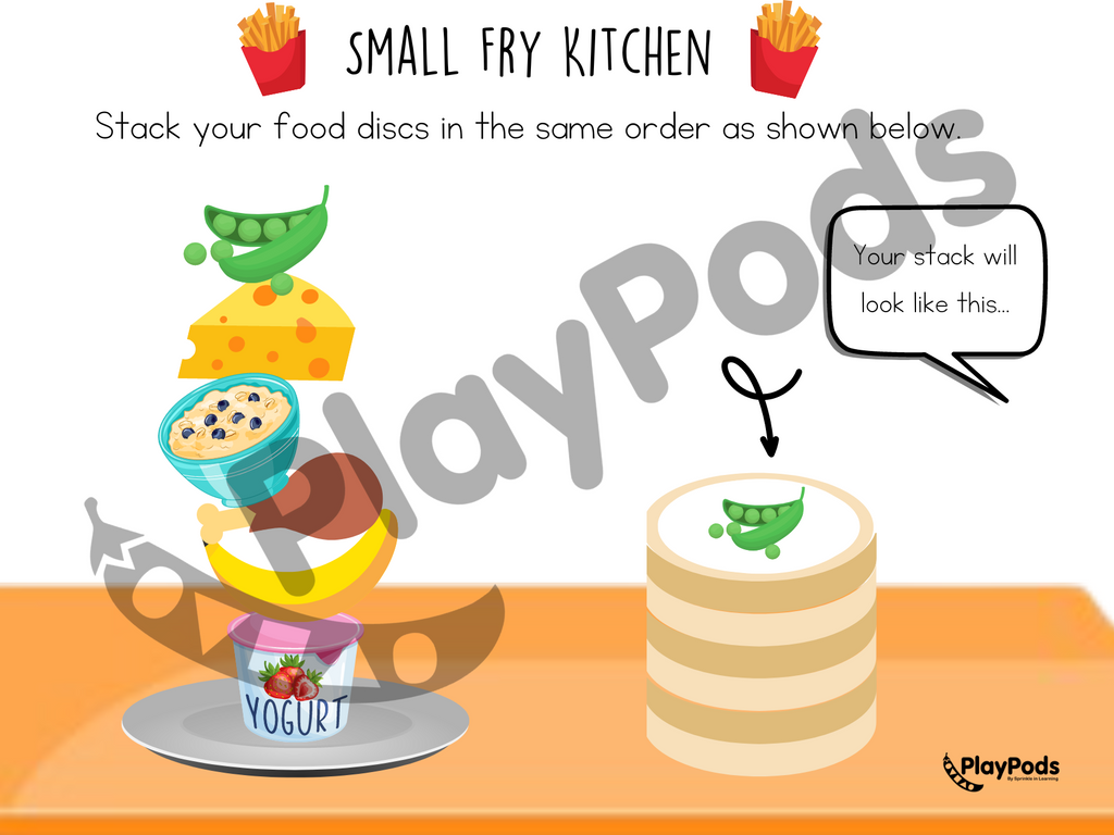 Activity card with instruction for how to stack the food discs