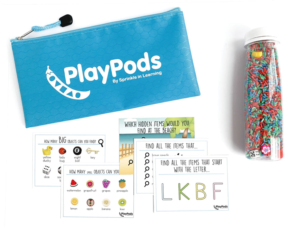 Baby blue PlayPod, activity cards, shaker filled with colorful rice and charms