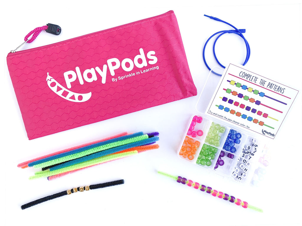 Pink PlayPod with pattern card, colorful beads, and colorful pipe cleaners
