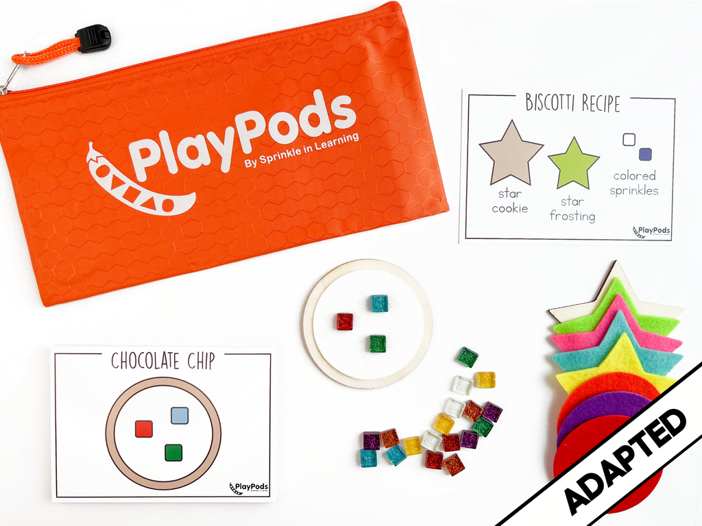 Orange PlayPod pouch, felt shapes, activity cards and glitter tiles