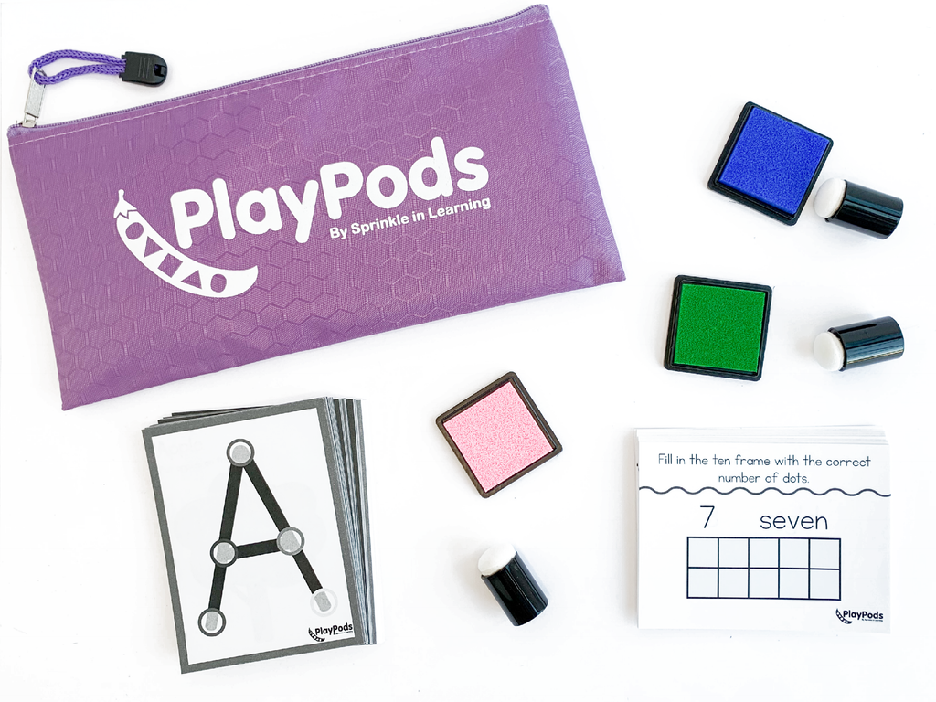 Lavender PlayPod, letter cards, colorful stamp pads