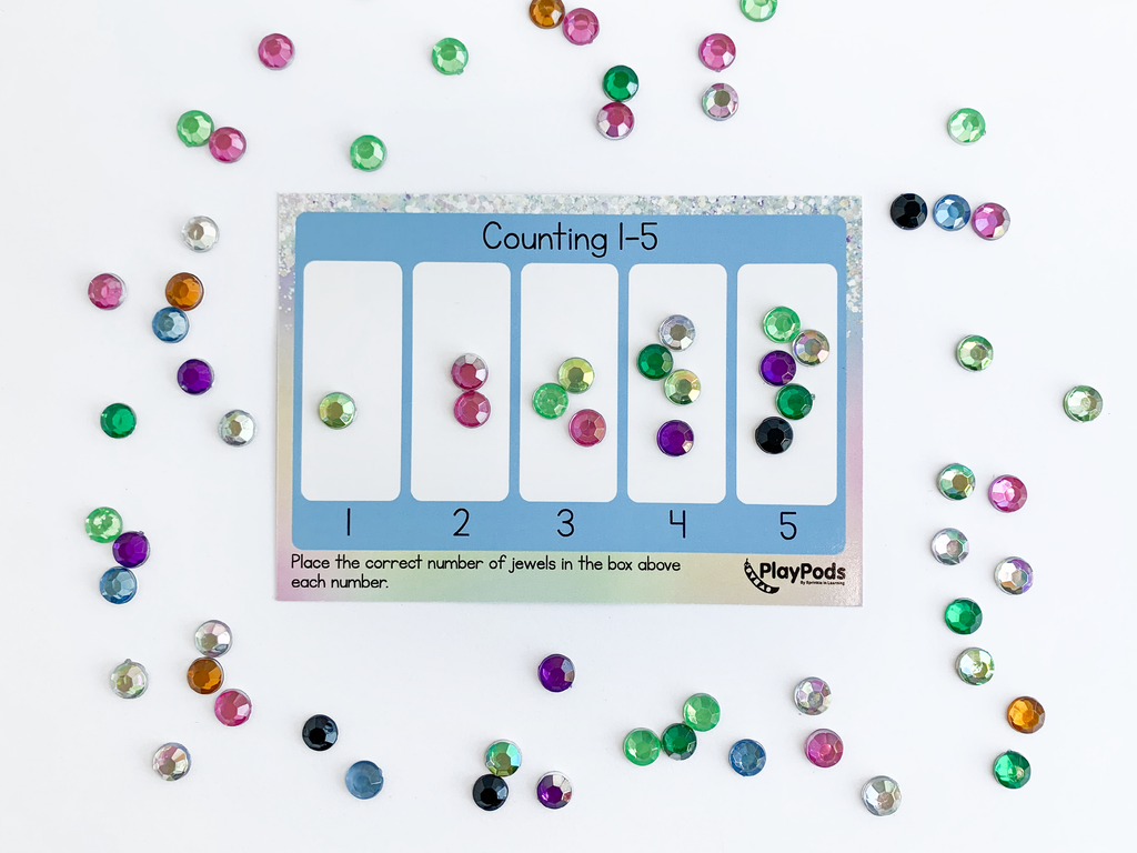 Counting activity card and sparkly colorful gems