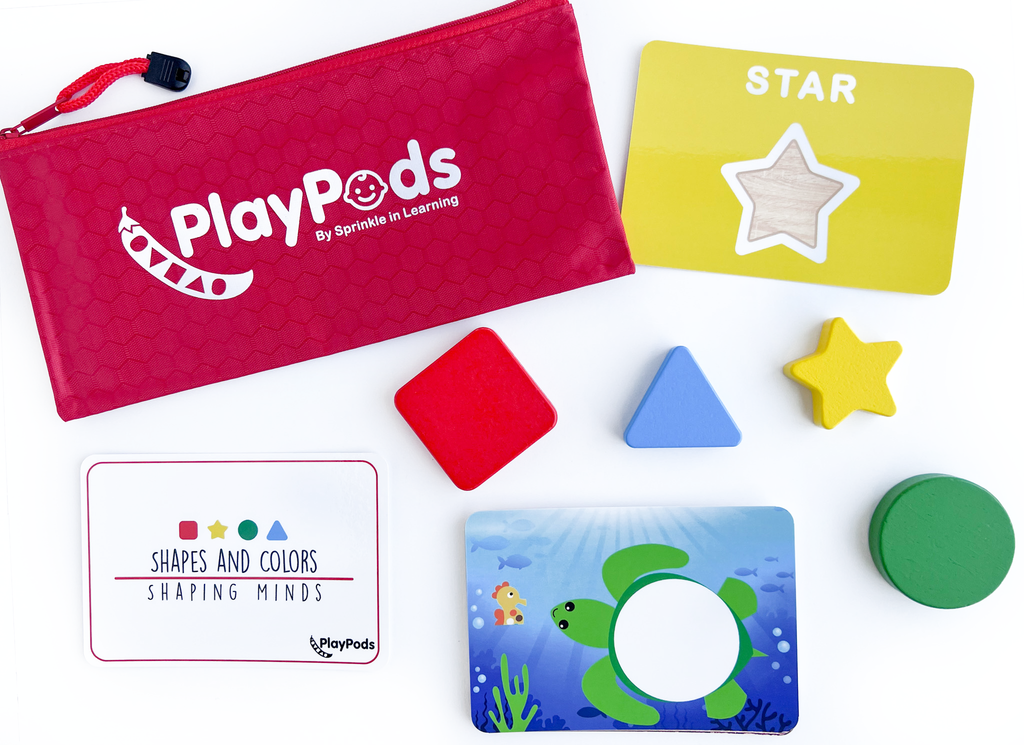 Red PlayPod with colorful shapes and activity cards