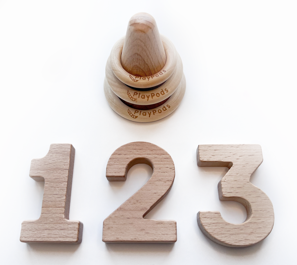 Wooden rings stacked on wooden cone and wooden numbers 1, 2, and 3.