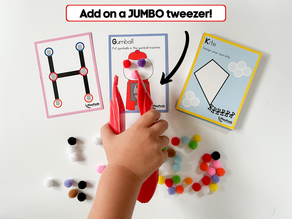 Child hand using jumbo red tweezer to put poms on cards