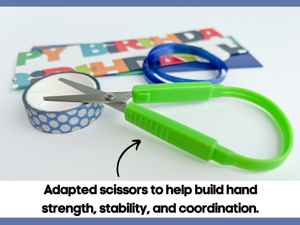 Green adapted scissors to build hand strength and coordination