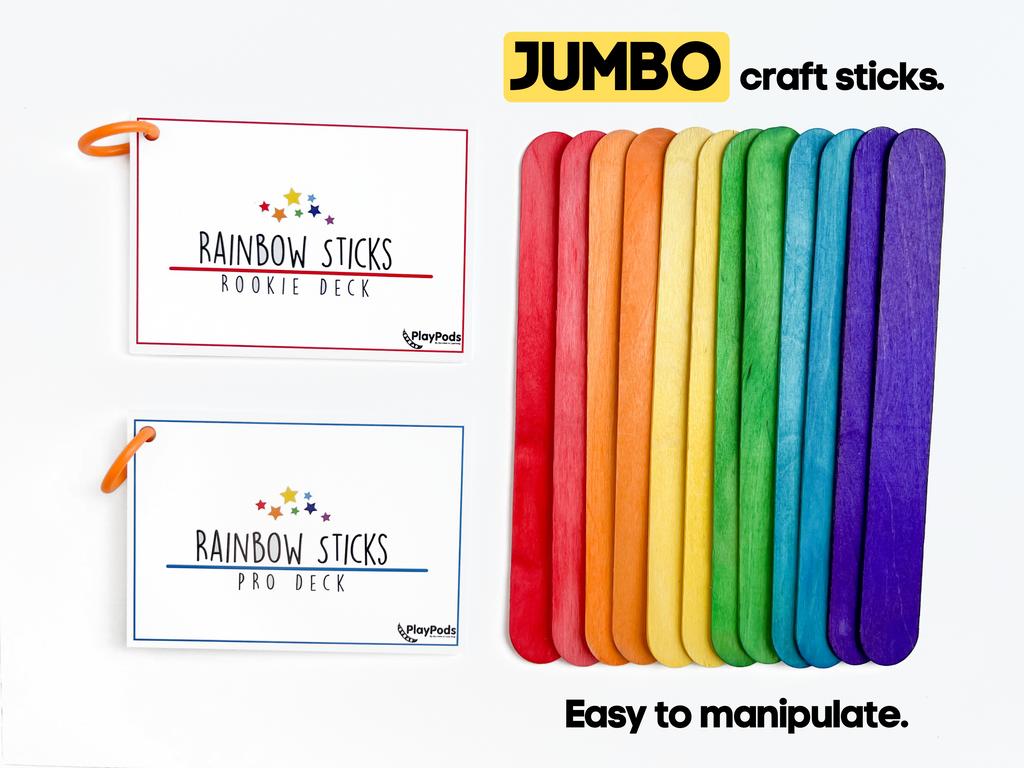 Colorful jumbo craft sticks next to instruction cards