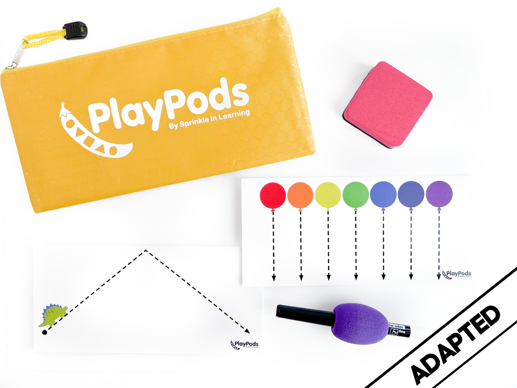 Yellow PlayPod with pink eraser, marker and activity cards